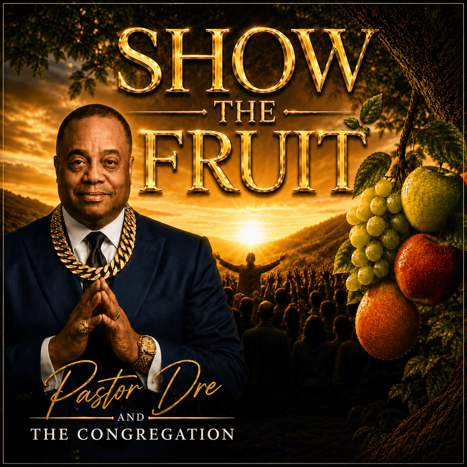 Show the Fruit artwork featuring Pastor Dre, a congregation, and fruit at sunrise